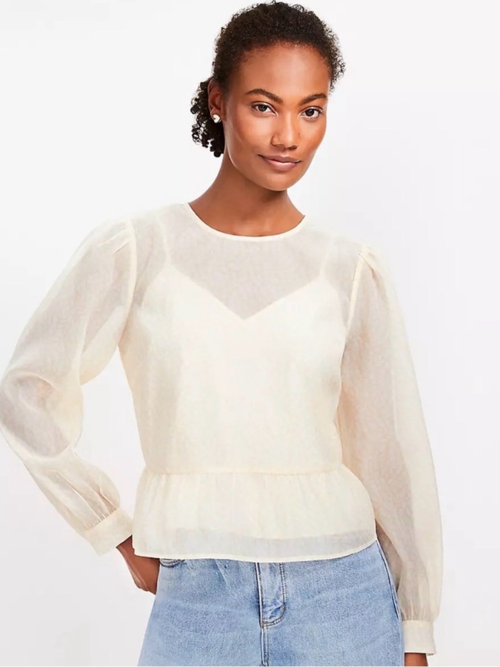 LOFT Sheer Cream/Yellow Peplum Blouse